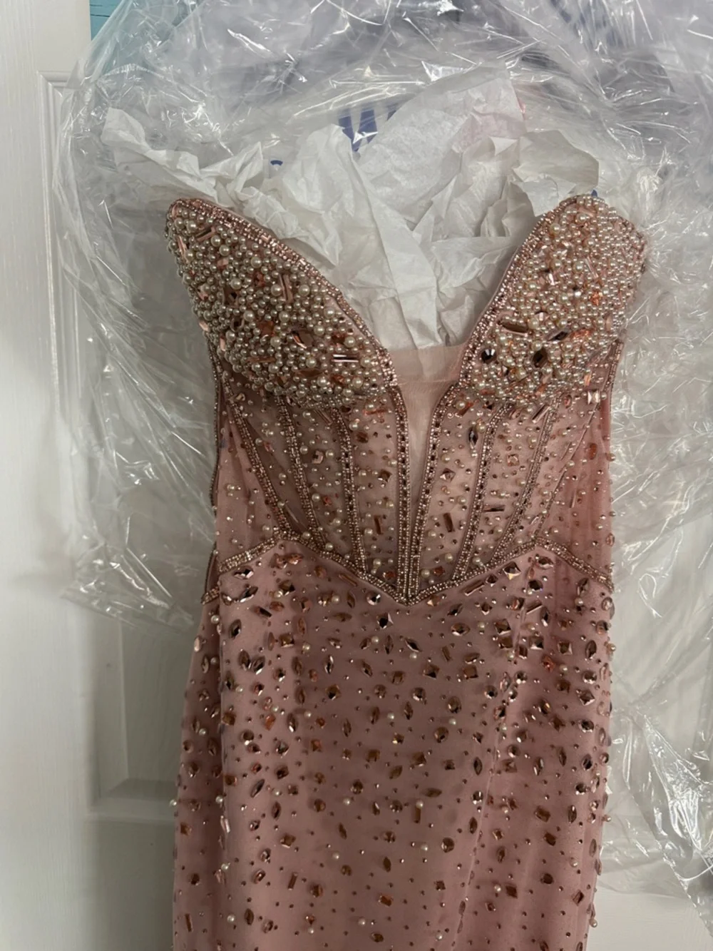 Blush Pink Strapless Beaded Evening Gown - Picture 2 of 6